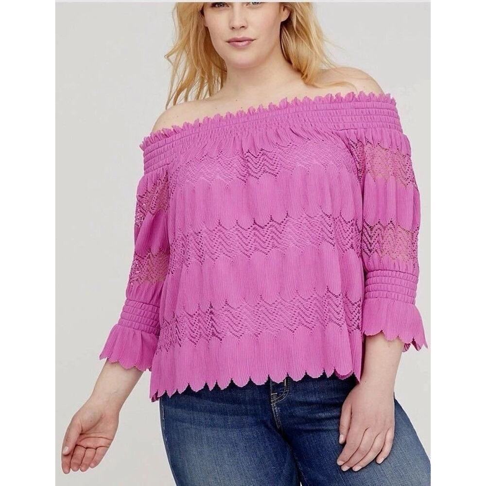 Lane Bryant Top 18 20 Pink Off The Shoulder Lace 3/4 Sleeve